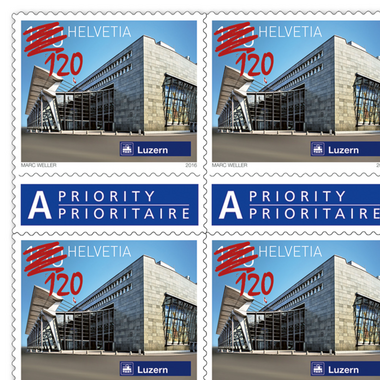 Timbres CHF 1.20 «Surimpression Gare de Lucerne», Feuille de 50 timbres Feuille «Surimpression Gares suisses», autocollant, non oblitéré