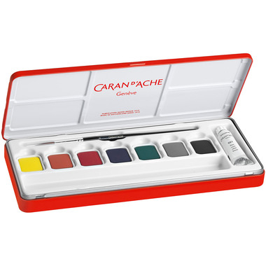 CARAN D'ACHE Deckfarbe Gouache 1000.308 7 Farben Deckweiss, Pinsel