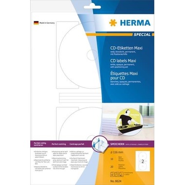 HERMA CD Labels, bianco, 116mm 8624 20 Stk. / 10 fogli