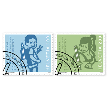 Francobolli Serie «75 anni UNICEF» Serie (2 francobolli, valore facciale CHF 3.00), autoadesiva, con annullo