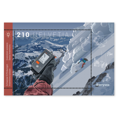 Briefmarke CHF 2.10 «Schweizer Erfindungen – Barryvox», Sonderblock Sonderblock «Schweizer Erfindungen – Barryvox», gummiert, gestempelt