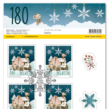 Briefmarken CHF 1.80 «Dorf», Bogen mit 10 Marken Bogen «Weihnachten – Schneekristalle», selbstklebend, gestempelt