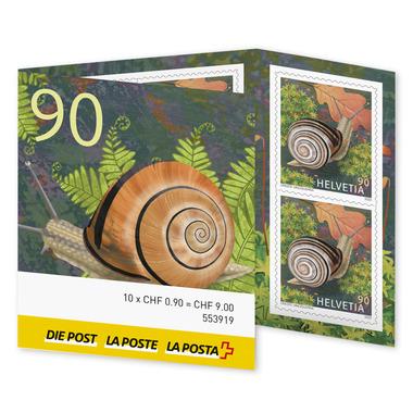 Stamps CHF 0.90 «Snail», Stamp booklet with 10 stamps Stamp booklet «Animals in their habitats», self-adhesive, mint