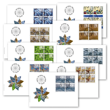 Enveloppe du jour d'émission «Motifs naturels» Série de blocs de quatre (36 timbres, valeur d'affranchissement CHF 76.40) sur 9 enveloppes du jour d'émission (FDC) C6