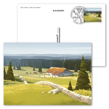 Parchi svizzeri, Cartolina postale illustrata affrancata Jura vaudois Cartolina postale illustrata affrancata, valore facciale CHF 0.85 e CHF 1.00 per la cartolina, con annullo