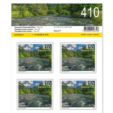 Timbres CHF 4.10 «Thur SG», Feuille de 10 timbres Feuille «Paysages fluviaux suisses», autocollant, non oblitéré