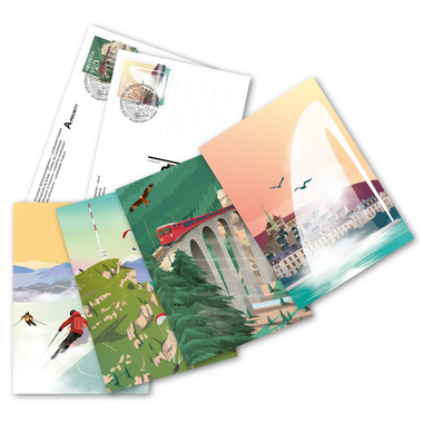 Set de cartes postales illustrées affranchies «Attractions de Suisse» Set de 4 cartes illustrées préaffranchies A6, valeur de taxe CHF 6.60, oblitérées