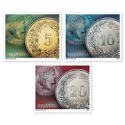 Timbres Série «Pièces de monnaie » Série (3 timbres, valeur d&#039;affranchissement CHF 0.35) autocollant, non oblitéré