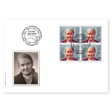 Ersttagsumschlag «Gertrud Kurz 1890–1972» Viererblock (4 Marken, Taxwert CHF 4.40) auf Ersttagsumschlag (FDC) C6