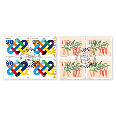 Set of blocks of four «EUROPA – Peace: the highest value of humanity» Set of blocks of four (8 stamps, postage value CHF 8.00), gummed, cancelled