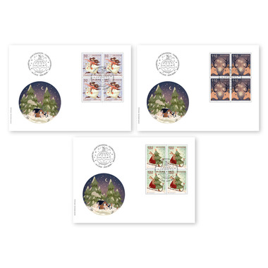 Busta primo giorno «Natale – Auguri gioiosi» Serie di quartine (12 francobolli, valore facciale CHF 15.20) su 3 buste primo giorno (FDC) C6