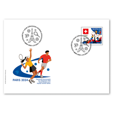 Busta primo giorno «Giochi Olimpici estivi Paris 2024» Francobollo singolo (1 francobollo, valore facciale CHF 1.20) su busta primo giorno (FDC) C6