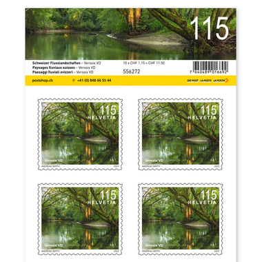 Timbres CHF 1.15 «Versoix VD», Feuille de 10 timbres Feuille «Paysages fluviaux suisses», autocollant, non oblitéré