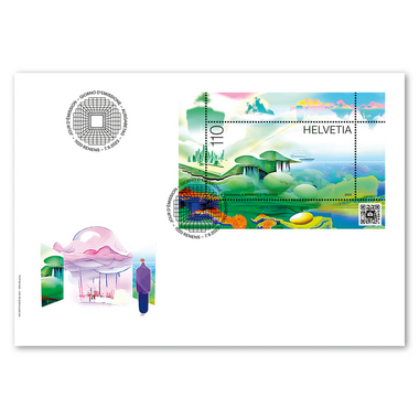 Enveloppe du jour d'émission «Metascape» Bloc spécial (1 timbre, valeur d'affranchissement CHF 1.10) sur enveloppe du jour d'émission (FDC) E6