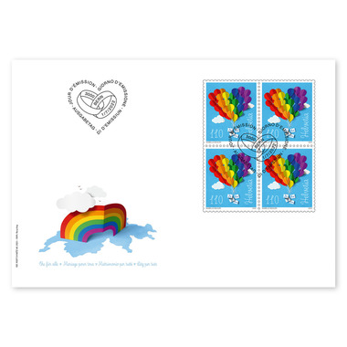 Enveloppe du jour d'émission «Mariage pour tous» Bloc de quatre (4 timbres, valeur d'affranchissement CHF 4.40) sur enveloppe du jour d'émission (FDC) C6