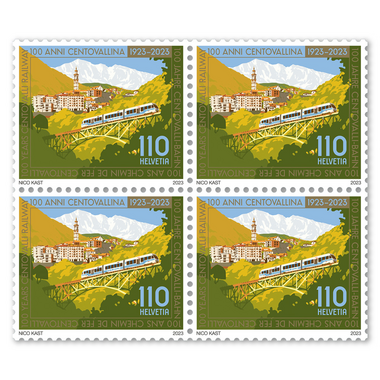 Block of four «100 years Centovalli Railway» Block of four (4 stamps, postage value CHF 4.40), gummed, mint
