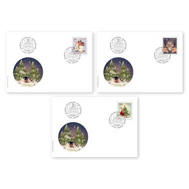 Busta primo giorno «Natale – Auguri gioiosi» Francobolli singoli (3 francobolli, valore facciale CHF 3.80) su 3 buste primo giorno (FDC) C6
