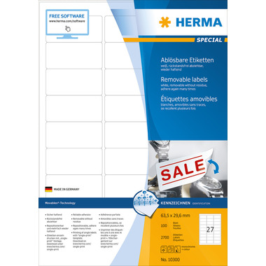 HERMA Étiquettes SPECIAL 63.5x29.6mm 10300 blanc,non-perm. 2700pcs./100f.