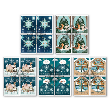 Série de blocs de quatre «Noël – Cristaux de neige» Série de blocs de quatre (20 timbres, valeur d'affranchissement CHF 32.80), autocollant, oblitéré