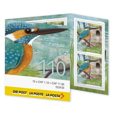 Stamps CHF 1.10 «Common kingfisher», Stamp booklet with 10 stamps Stamp booklet «Animals in their habitats», self-adhesive, mint