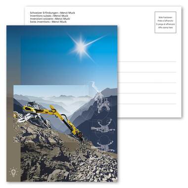Swiss inventions – Menzi Muck, Picture postcard The maximum card motif is also available without an affixed and cancelled stamp.