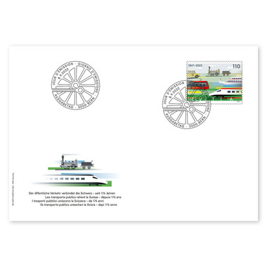 Enveloppe du jour d'émission «Transports publics» Timbre isolé (1 timbre, valeur d'affranchissement CHF 1.10) sur enveloppe du jour d'émission (FDC) C6