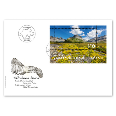 First-daycover «Tectonic Arena Sardona – Typical Swiss countryside» Miniature sheet (1 stamp, postage value CHF 1.10) on first-day cover (FDC) E6