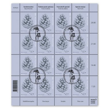 Briefmarken CHF 1.80 «Waldföhrenzapfen», Bogen mit 16 Marken Bogen «Baumfrüchte», gummiert, gestempelt