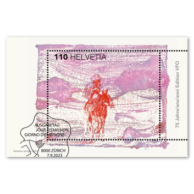 Briefmarke CHF 1.10 «75 Jahre Edition VFO», Sonderblock Sonderblock «75 Jahre Edition VFO», gummiert, gestempelt