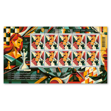 Stamps CHF 1.20 «100 years International Chess Federation», Sheetlet with 10 stamps Sheet «100 years International Chess Federation», gummed, mint