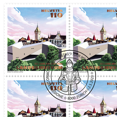 Timbres CHF 1.10 «125 ans Landesmuseum», Feuille de 12 timbres Feuille «125 ans Landesmuseum», gommé, oblitéré