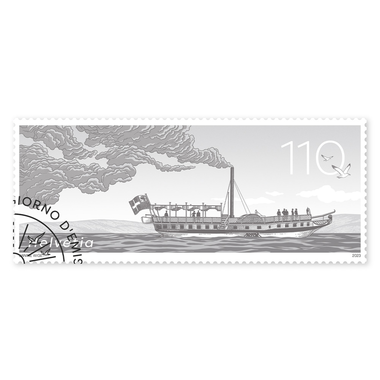 Francobollo «200 anni di navigazione a vapore in Svizzera» Francobollo singolo da CHF 1.10, gommatura, con annullo
