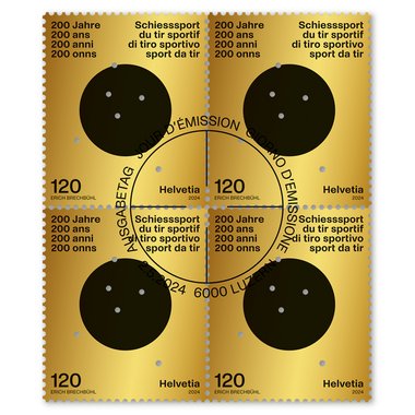 Bloc de quatre «200 ans Fédération sportive suisse de tir (FST)» Bloc de quatre (4 timbres, valeur d'affranchissement CHF 4.80), gommé, oblitéré