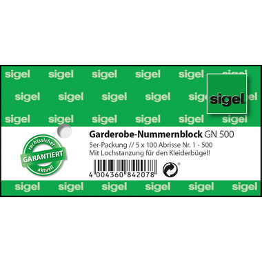 SIGEL Garderobe-Nummernblock GN500 num.1-500,2fbg,sort,5x100 BL