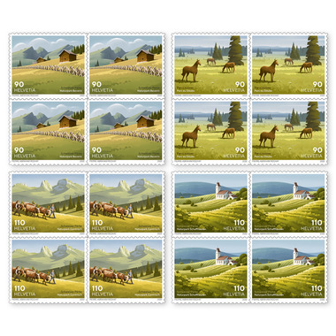 Série de blocs de quatre «Parcs suisses» Série de blocs de quatre (16 timbres, valeur d'affranchissement CHF 16.00), autocollant, non oblitéré