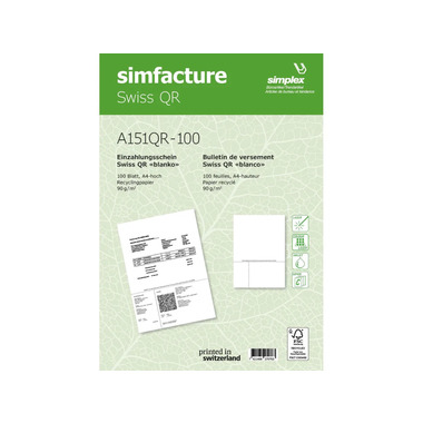 SIMPLEX Simfacture Swiss QR recyclé, 100 feuilles SWISS QR - bulletin de versement Papier recyclé A4, A151QR-10, universel, 90g - 100 flls.