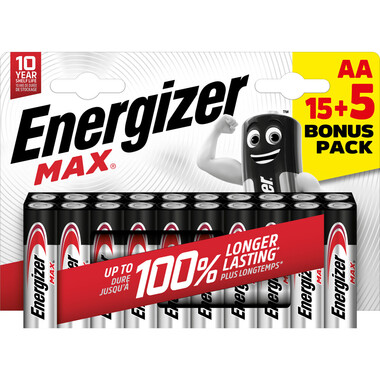 Pile Energizer Max Mignon (AA), 15+5 pcs Pack de 20 piles alcalines AA Energizer Max