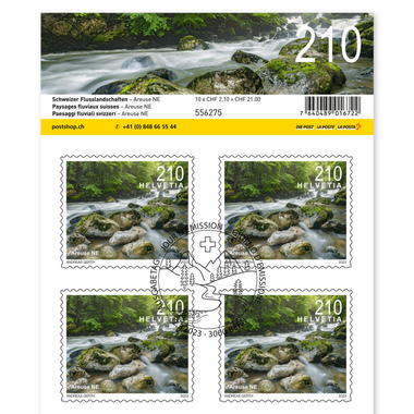 Timbres CHF 2.10 «Areuse NE», Feuille de 10 timbres Feuille «Paysages fluviaux suisses», autocollant, oblitéré
