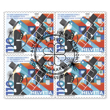 Bloc de quatre «125 ans Ramoneur Suisse» Bloc de quatre (4 timbres, valeur d'affranchissement CHF 4.40), autocollant, oblitéré