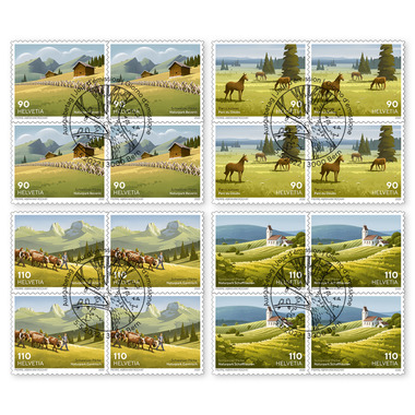 Série de blocs de quatre «Parcs suisses» Série de blocs de quatre (16 timbres, valeur d'affranchissement CHF 16.00), autocollant, oblitéré