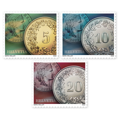 Briefmarken-Serie «Münzen» Serie (3 Marken, Taxwert CHF 0.35), selbstklebend, ungestempelt