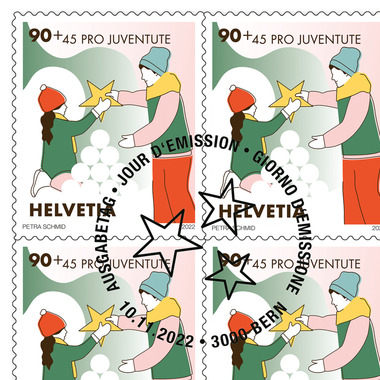 Timbres CHF 0.90+0.45 «Moments en famille», Feuille de 10 timbres Feuille «Pro Juventute - Rester en lien», autocollant, oblitéré