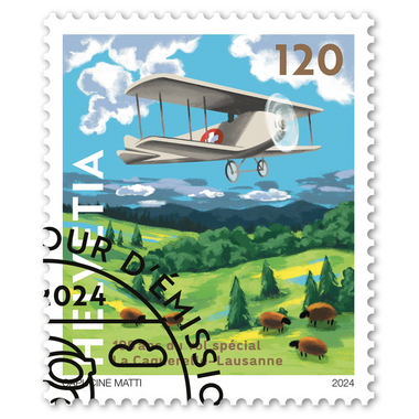 Stamp «100 years La Caquerelle-Lausanne special flight» Single stamp of CHF 1.20, gummed, cancelled