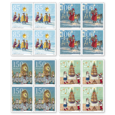 Série de blocs de quatre «Noël – Coutumes» Série de blocs de quatre (16 timbres, valeur d'affranchissement CHF 21.40), autocollant, non oblitéré