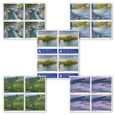 Série de blocs de quatre «Paysages fluviaux suisses» Série de blocs de quatre (20 timbres, valeur d'affranchissement CHF 40.40), autocollant, non oblitéré