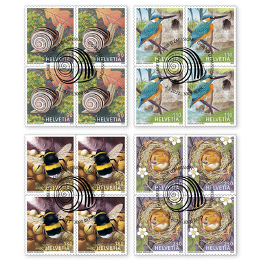 Série de blocs de quatre «Abris d’animaux» Série de blocs de quatre (16 timbres, valeur d'affranchissement CHF 24.40), autocollant, oblitéré