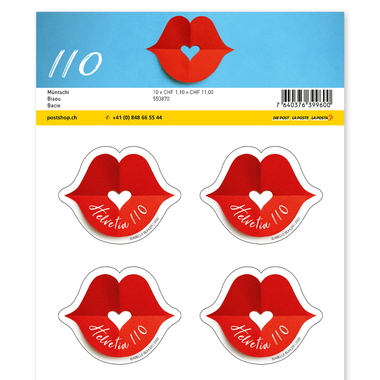 Stamps CHF 1.10 «Kiss», Sheet with 10 stamps Sheet «Kiss», self-adhesive, mint