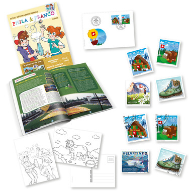 «Phila & Franco» stamp set for children, FR, 4/22 20-page set, 1 First-day cover, 8 Stamps (4 cancelled, 4 mint), 3 Postcards