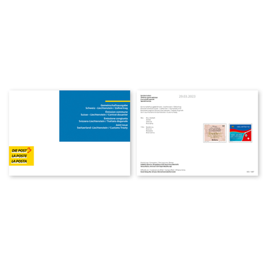 Folder/collection sheet «Joint issue Switzerland–Liechtenstein / Customs Treaty» Set (2 stamps, postage value CHF 2.00) in folder/collection sheet, mint
