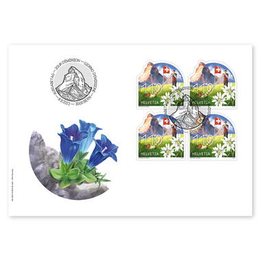 Busta primo giorno «Tipicamente svizzero» Quartina (4 francobolli, valore facciale CHF 4.40)su busta primo giorno (FDC) C6